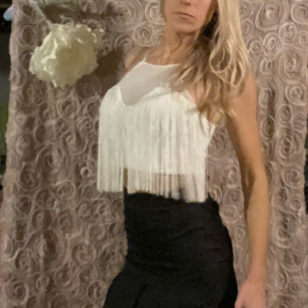 Fringe crop top with sheer trim